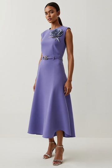 Purple A Line Midi Work Dress with 3D Flower
